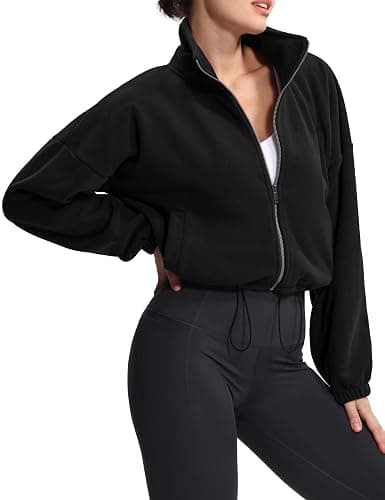 THE GYM PEOPLE Women's Fleece Cropped Jacket Full Zip Stand Collar Workout Short Sherpa Coats with Pockets Drawstring Hem - Image 1