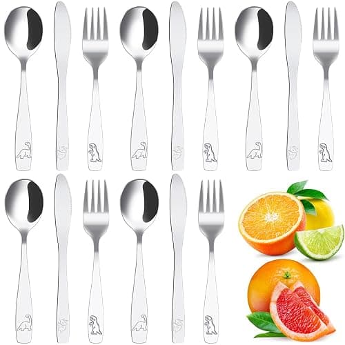 15 Piece Kids Cutlery Set 410 Stainless Steel Dinosaur Pattern Kids Utensils Set Includes 5 x Knives, 5 x Forks and Spoons, Ergonomic Smooth Eating Flatware Silverware Reusable for Age 3+ Children - Image 1