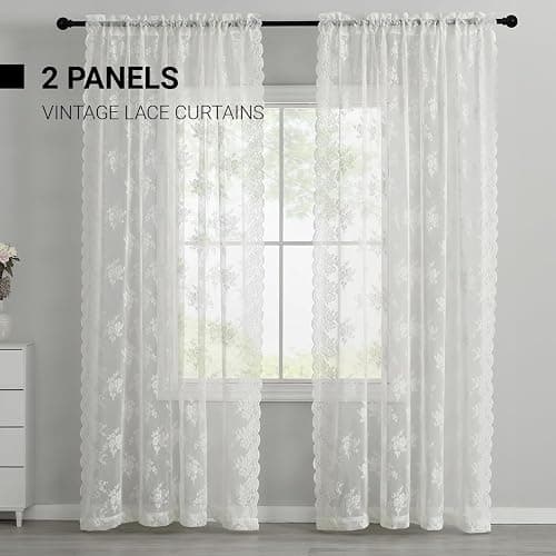 Kotile Ivory Lace Curtains 84 Inches Long - Vintage Embroidered Floral Sheer Lace Curtains for Living Room, Scalloped Privacy Sheer Curtain for Windows, 52 x 84 Inch, 2 Panels, Ivory thumbnail 3