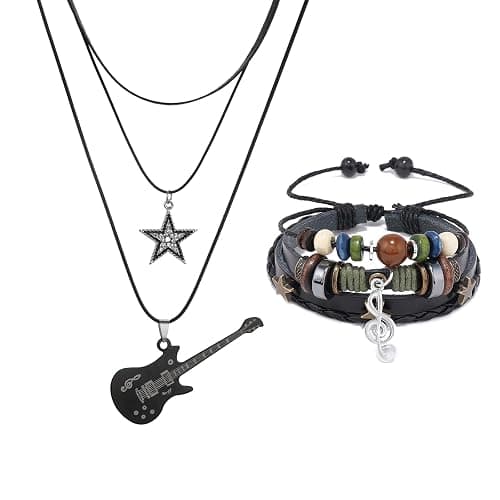 Multilayer Y2k Star Vintage Necklace Fairy Grunge Bracelets Set,Gothic Rock Roll Music Guitar Star Necklace,Bohemian Handmade Beaded Musical Note Leather Wristbands,Grunge Accessories for Men Women - Image 1