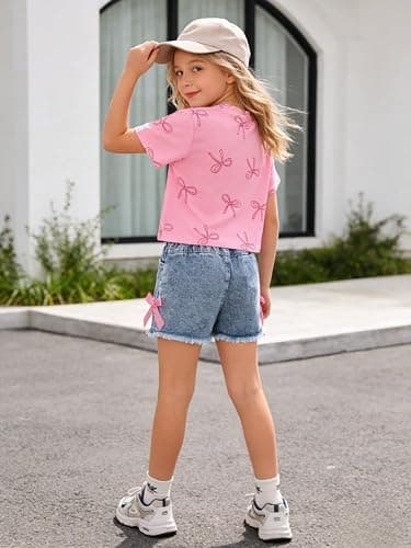 Azmxynol Kid Girls Clothes Outfits Bowknot T-Shirt + 2 In 1 Denim Short Skort Summer Clothing Set, Size 4-10 Years thumbnail 7