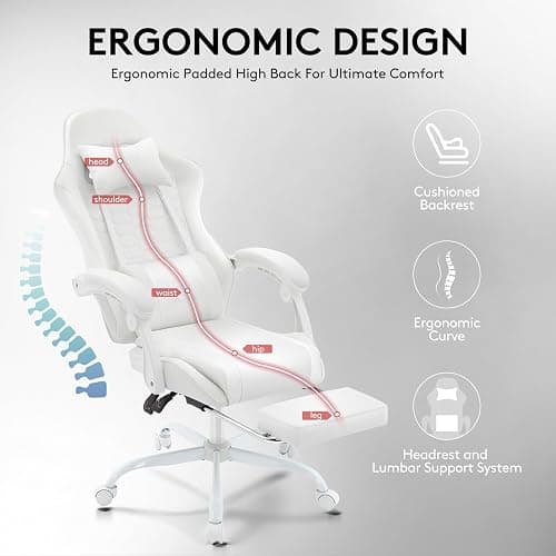 Morkprism White Gaming Chair,Computer Office Chair with Footrest,Massage Lumbar Support and Gel Pad,Ergonomic Reclining Adjustable Leather Gamer Chair with Headrest and Spring Cushion White thumbnail 9