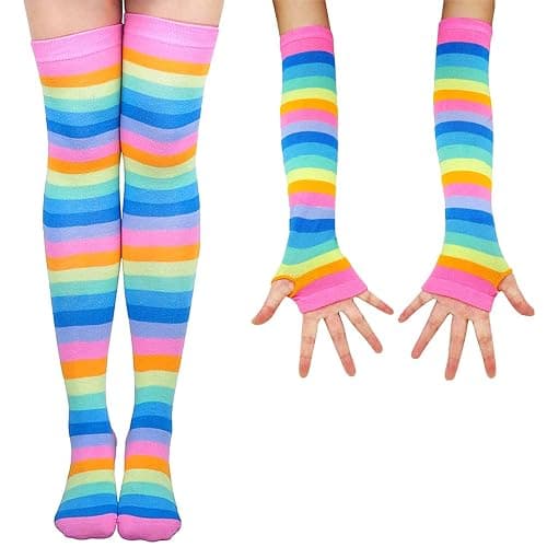 SherryDC Womens Girls Cosplay Rainbow Striped Knee High Socks Leg Arm Warmer Fingerless Gloves Set thumbnail 3