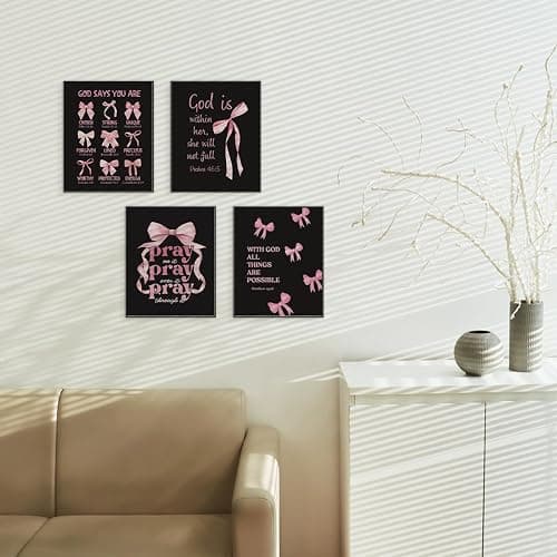 ETVISO Pink and Black Room Decor, Christian Wall Art, Coquette Pink and Black Bow Wall Art Posters Set of 4, Dorm Decor for College Girls, Bow Room Bedroom Bathroom Wall Art Decor 8x10(Unframed) thumbnail 6