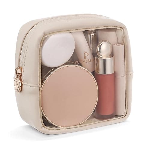 Pocmimut Clear Makeup Bag,Easy to Find Mini Makeup Bag for Purse,Travel Makeup Bag for Car, Compact Cosmetic Pouch for Daily Essentials,Beige - Image 1