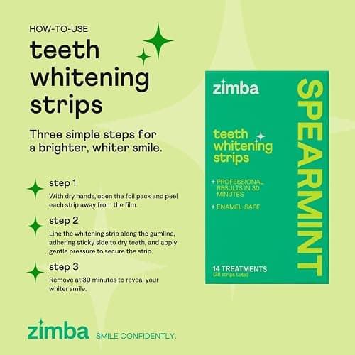 Zimba Spearmint Flavored Teeth Whitening Strips | Vegan, Enamel Safe Hydrogen Peroxide Teeth Whitener for Coffee, Wine, Tobacco, and Other Stains | 14 Day Treatment | Spearmint thumbnail 6