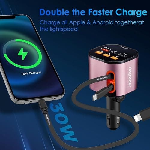 Retractable Car Charger,5 in 1 Fast Car Phone Charger 90W,Bluetooth 5.3 FM Transmitter Adapter,Handsfree Call,2 Retractable Cables and USB Cars Chargers for iPhone 17/16/15/14/13/Galaxy/Pixel thumbnail 3