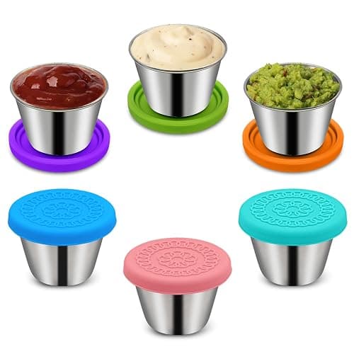 Winceed 6Pack 2.4oz Salad Dressing Container To Go, Small Stainless Steel Condiment Containers with Silicone Lids, Leakproof Reusable Dipping Sauce Cups for Lunch Box - Image 1