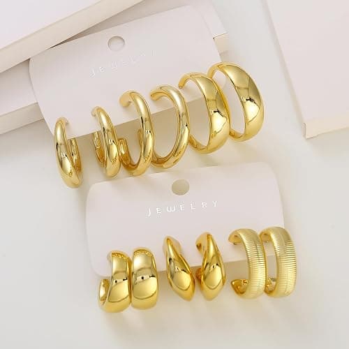 FOURPG 10 Pairs Hypoallergenic Chunky Gold Dangle Earrings for Women Trendy Thick Gold Plated Hoop Earrings Set Lightweight Jewelry thumbnail 3