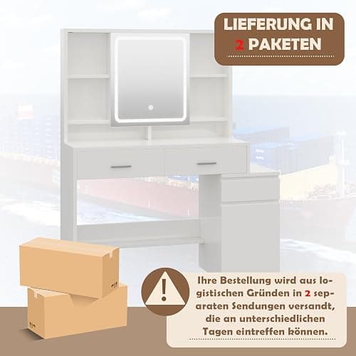 Devoko Schminktisch mit Beleuchtung und Spiegel, Einstellbare Helligkeit, Frisiertisch mit Schubladen, Kosmetiktisch mit offenen Fächern, Verstellbaren Ablagen, Modern, Weiß thumbnail 8