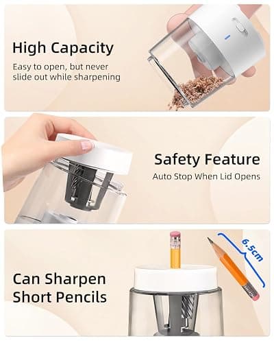 ZMOL Electric Pencil Sharpener, Automatic Pencil Sharpeners Kids, Battery Powered Rechargeable Pencil Sharpeners for Colored Pencils, Auto Stop, Suitable for No.2(6-8mm), School/Home - White thumbnail 7