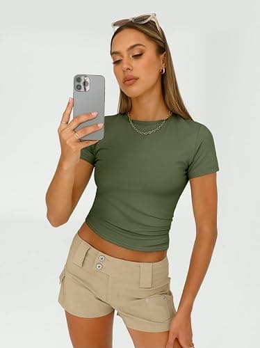 AUTOMET Women's 3 Pack Short Sleeve Shirts | Buttery Soft Slim Fitted Crop Tops, Stretchy Basic Tees for Summer, Layering & Everyday thumbnail 3
