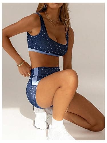Milumia Women's Polka Dots Workout Set 2 Piece Color Block Bra Tank High Waisted Biker Shorts Matching Yoga Outfit thumbnail 4