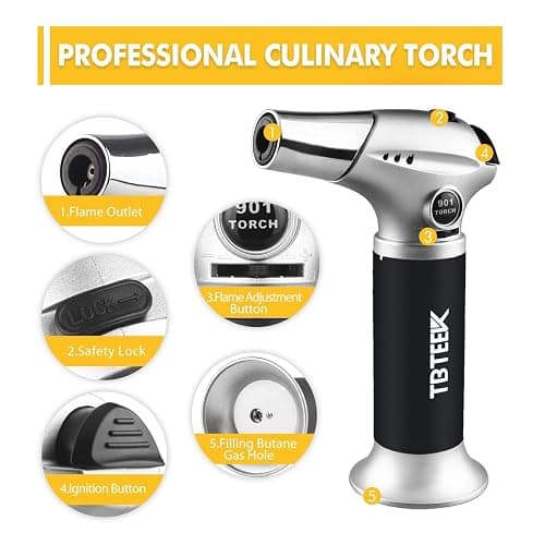 TBTEEK Butane Torch, Kitchen Torch Cooking Torch with Safety Lock & Adjustable Flame for Cooking, BBQ, Baking, Brulee, Creme, DIY Soldering(Butane Not Included) thumbnail 4
