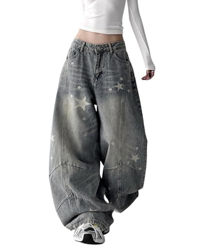 BeRamg Baggy Jeans Women Girls Star Printed Barrel Jeans Low Rise Cute Grunge Denim Pants Emo Clothes thumbnail 2