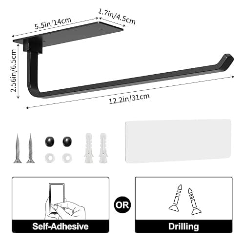 Paper Towel Holder - Self-Adhesive or Drilling, Matte Black, Upgraded Aluminum Kitchen Roll Dispenser Under Cabinet, Lighter but Stronger Than Stainless Steel! thumbnail 2