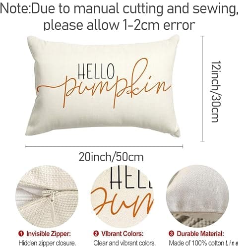 RABUSOFA Fall Pillow Covers 12x20 Inch,Autumn Hello Pumpkin Pillows Decorative Throw Pillows,Lumbar Outdoor Thanksgiving Cushion Cover Farmhosue Fall Decor for Bedroom Couch Sofa White thumbnail 3