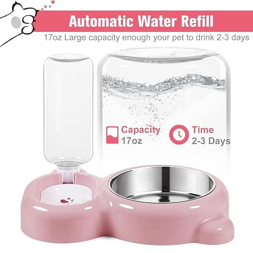 Dog Bowls, Cat Food and Water Bowl Set with Water Dispenser and Stainless Steel Bowl for Cats and Small Dogs - Pink thumbnail 2