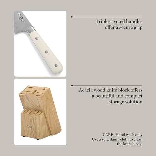 MARTHA STEWART Eastwalk 14 Piece High Carbon Stainless Steel Cutlery Kitchen Knife Block Set w/ABS Triple Riveted Forged Handle Acacia Wood Block - Linen White thumbnail 6