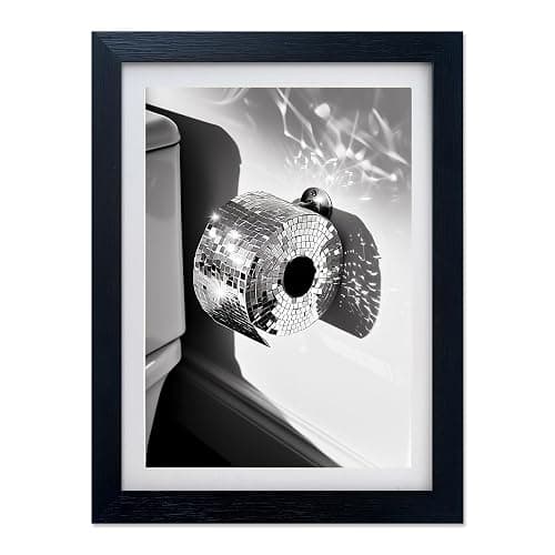 Framed Modern Black and White Bathroom Decor Disco Ball Toilet Paper Wall Art Trendy Print Artwork Funny Glam Aesthetic Picture Room Decor - Image 1