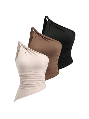 Milumia Women's 3 Pack One Shoulder Twisted Tank Top Asymmetrical Ruched Casual Tops - Image 1