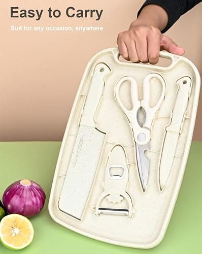 SUJAYU 5 in 1 Mini Knife and Cutting Board Set, Small Camping Cutting Board Cutting Board Scissors, Dorm Kitchen Essentials Travel Knife Set (Beige) thumbnail 5