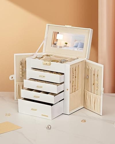 Homde Synthetic Leather Huge Jewelry Box Mirrored Watch Organizer Necklace Ring Earring Storage Lockable Gift Case (White + Gold) thumbnail 10