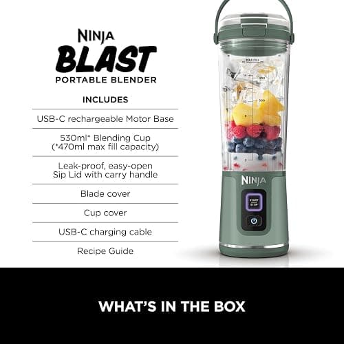 Ninja Blast Portable Blender, 530ml, Leakproof Lid & Sip Spout, Powerful Cordless Mini Blender, Rechargeable, Portable Smoothies, Protein Shakes, Blends Ice & Frozen Fruit, Forest Green, BC151UKEM thumbnail 3