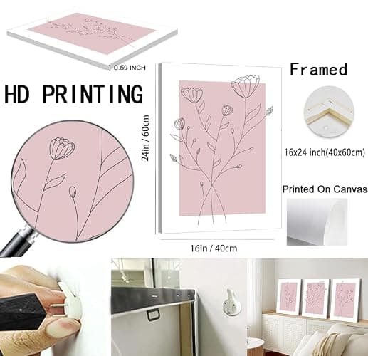 WARTHZ Pink Flower Wall Art Light Pink and White Botanical Line Pictures Wall Decor Painting Set of 3 Floral Plant Poster Canvas Print for Girl Bedroom Living Room Framed 16x24 inch thumbnail 2