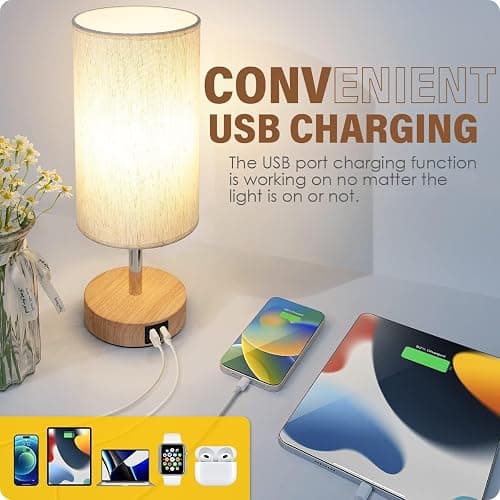 Yarra-Decor Bedside Table Lamp with USB Port - Touch Control for Bedroom Wood 3 Way Dimmable Nightstand Lamp with Round Flaxen Fabric Shade for Living Room, Dorm, Home Office (LED Bulb Included) thumbnail 3