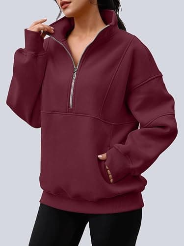 AUTOMET Women's Quarter Zip Oversized Sweatshirt Fleece Mock Neck Pullover | Half Zip, Pockets, Thumb Hole, Teen Oversized Hoodie, Pullover Fleece Jacket, Fall Clothes, Cozy Winter Outfits thumbnail 2