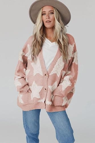KevaMolly Womens Cardigan Sweater Sherpa Star Pattern Textured Sweater Cardigan with Pockets Casual Knit Coat thumbnail 4