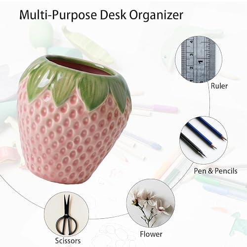 Sixbaola Strawberry Pencil Holder, Cute Pen Holder for Desk, Ceramic Pen Holder, Stand Makeup Brush Holder, for School, Home, Office Desk Decor(Pink) thumbnail 4