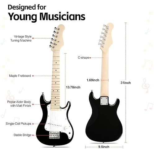 GOLDRIFF 30in Kids Electric Guitar Starter Kit for Beginners, Mini Electric Guitar with 5W Amp, Gig Bag, Strap, Extra Strings, Cable, 6 Picks, Clean Cloth and Free Online Lessons (Black) thumbnail 3