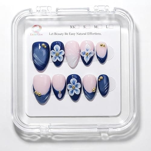 Handmade Short Almond Ocean Press On Nails,Reusable&Salon Quality(1TA26,S) | 10Pcs Daily & Party Fake Nails | Easy Apply & Remove | Navy Blue Press Ons, 3D White Blue Flowers, Pearls & Gold Beads thumbnail 5