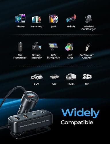 AINOPE PD&QC 108W Multiple Ports Car Charger, Cigarette Lighter USB Charger | Car Charger Adapter Fast Charging for iPhone 17 [+5FT Cable], for Ulefone Note 18 Ultra, 12V Road Trip Essentials for Kids thumbnail 7