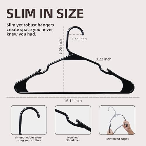 Plastic Clothes Hangers Without Notches,Clothes Hanger Space Saving,Replete 2 Hooks Inside,Sturdy Design for All Garments (40, Black B) thumbnail 2