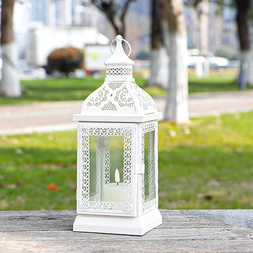 TRIROCKS Rustic Style Metal Candle Lantern 13'' High Decorative Outdoor Lantern Candle Holder with Tempered Glass for Home Living Room Garden Patio Parties Indoors Outdoors (Cream) thumbnail 4