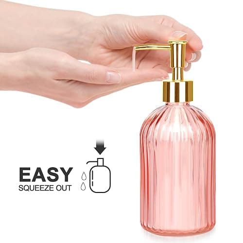 Haturi Bathroom Accessories Set, 4 Pcs Pink Glass Bathroom Accessories Sets Complete w/Lotion Soap Dispenser, Toothbrush Holder, Apothecary Jar, Vanity Tray, Bathroom Decor, Gift for Home Apartment | Kit w/ Bathroom Soap Dispenser Set, Toothbrush Holder, Qtip Holder, Vanity Tray, Pink Bathroom Decor, Gift for Home Apartment thumbnail 6