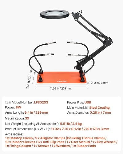 VEVOR Magnetic Helping Hands Soldering Station, 4 Flexible Arms Third Hand Tool with 3X LED Magnifying Lamp & Non-Slip Heavy-Duty Base, Soldering Helping Hands for Electronic Repair Craft Hobby DIY thumbnail 8