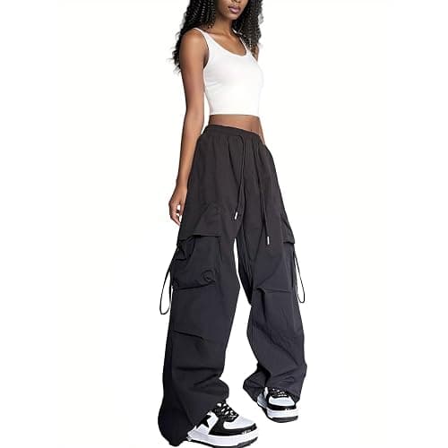 Xinor Baggy Parachute Pants for Womens Wide Leg Cargo Pants Y2k with Pockets Boyfriend Harajuku Streetwear Goth thumbnail 4