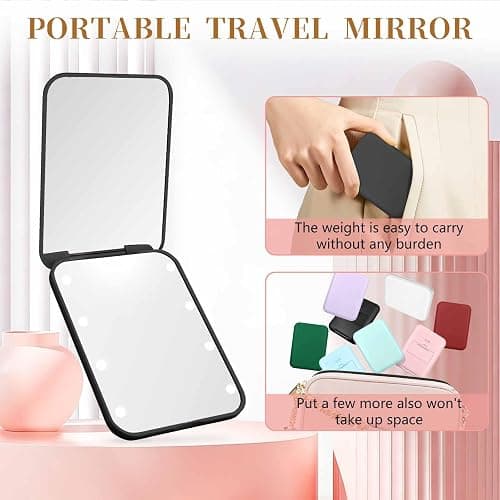 Compact Mirror with Light, 1X/3X Magnification LED Pocket Mirror for Women | Portable, Travel, Purse, Pocket, Gift, black, mini, small, essentials, led, fiberglass, batteries, rectangular thumbnail 6