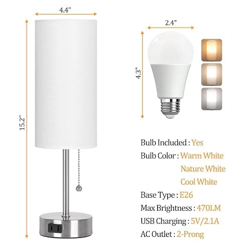 Dott Arts Table Lamp for Bedroom, 3-Color Bedside Lamps with Pull Chain | Bedroom Table Lamps for Nightstand,AC Outlet Small Lamp for Living Room, Bulb Included Nickel thumbnail 3