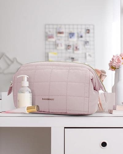 BAGSMART Makeup Bag Travel Toiletry Bag, Puffy Padded Make Up Bags for Women Makeup Organizer Case, Wide-open Pouch Purse Travel Essentials Toiletries Accessories Brushes, Pink thumbnail 2