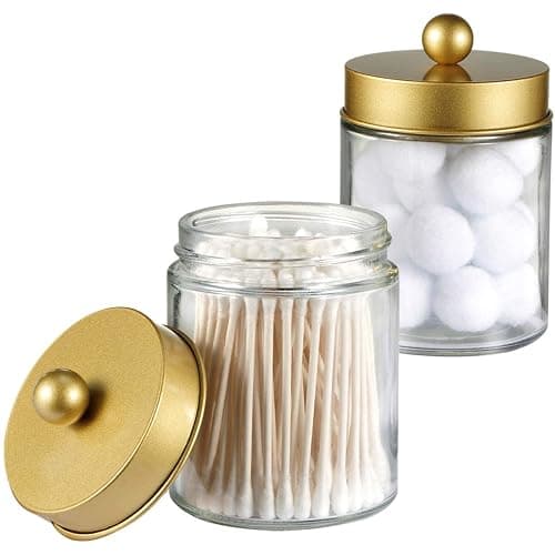 Amolliar Apothecary Jars Bathroom Storage Organizer -Countertop Storage Organizer Canister Jar - Cute Qtip Dispenser Holder Glass with Lid- for Cotton Swabs,Bath Salts,Hair Band / 2-Pack(Gold) - Image 1