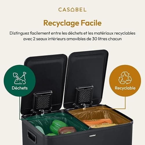 CASABEL Poubelle Cuisine Tri Sélectif 60L - 2 x 30 Litres, Double Compartiments 2x30L, Acier INOX Noir, Poubelle Recyclage Rectangulaire à Pédales, Anti Traces, Anti Odeurs, Entreprise Française thumbnail 5