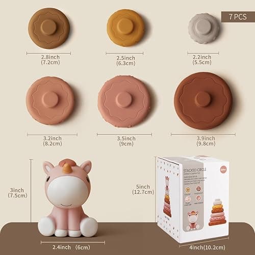 Nueplay 7 Pcs Stacking & Nesting Baby Toys, Squeeze Teething Toys and Building Circle with Pink Horse Figure, Newborn Essentials for 6 12 18 Months Toddler Girls thumbnail 2