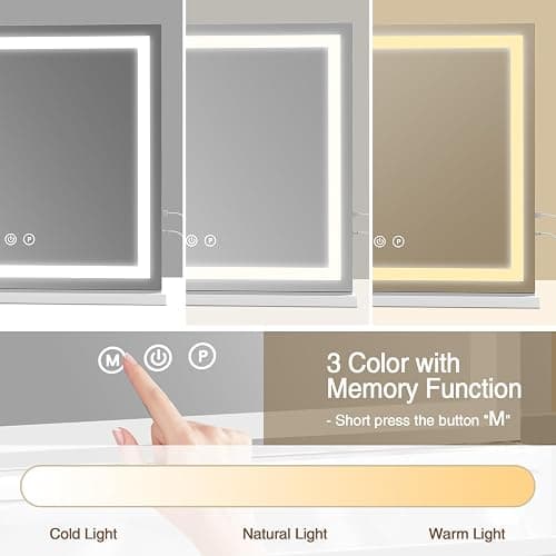 Large Lighted Vanity Mirror, 23" x 19" Light Up Make up Mirror with Smart Touch 3 Colors Dimmable, Tabletop or Wall-Mounted, Memory Function thumbnail 3