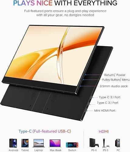 EVICIV Portable Monitor 15.6" 1080P with Case, FHD Travel Monitor for Laptop, IPS Portable Screen w/VESA & Stand, USB-C Mini HDMI Eye Care External Screen for PC/PS Game Consoles/Laptop/Phone thumbnail 6