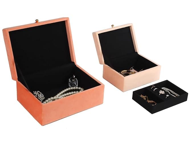 HofferRuffer Velvet Jewelry Boxes Decorative Boxes, Storage Accessory Organizer Boxes with Elegant Handle Decor, Classic Velvet Set of 2 Pieces (Orange) thumbnail 8